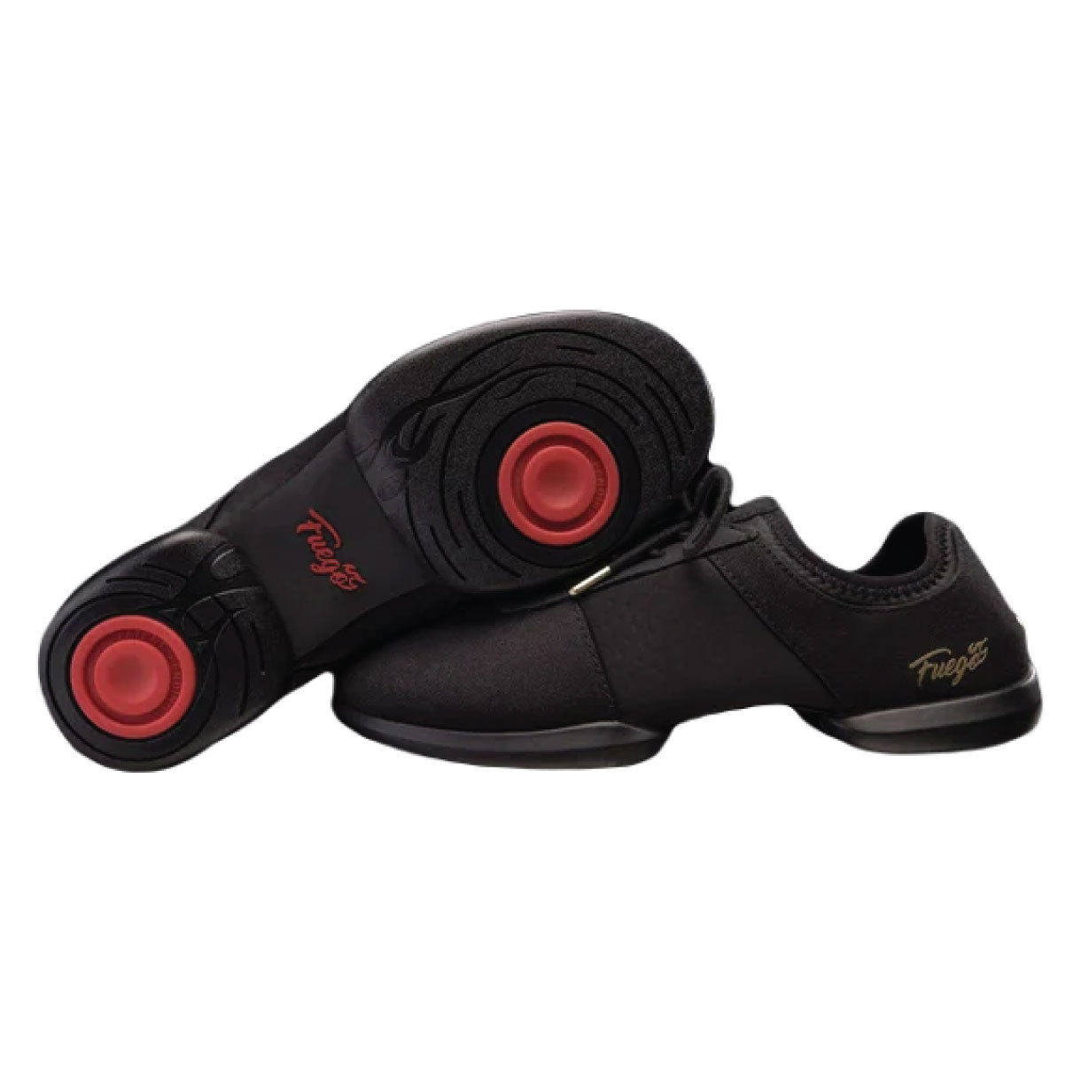 Schwarze, vegane Fuego Dance Sneakers mit roten Spin Spots auf der Sohle und einem goldenen „Fuego“-Logo an der Seite.